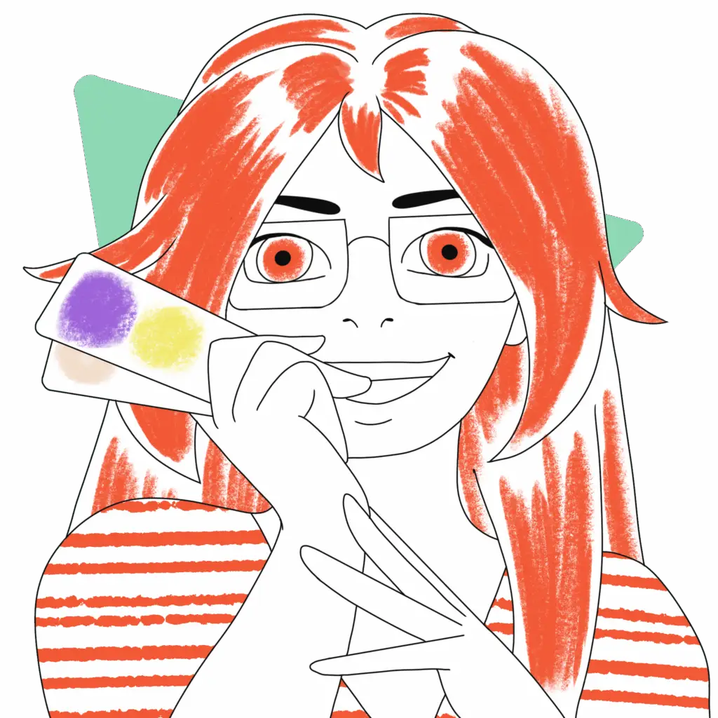 Illustration de l'autrice en mode portrait. Elle tient dans sa main droite un pantonier, sa main gauche posée sur son avant bras