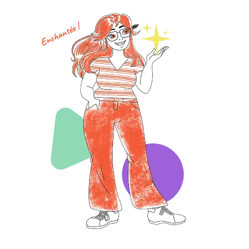 Illustration de l'autrice du site, Alysée, elle porte des lunettes et a des cheveux longs et lisses. Elle se tient debout dans une pose relaxée, sa main droite dans la poche et la main gauche relevée dans laquelle vole des étoiles.
