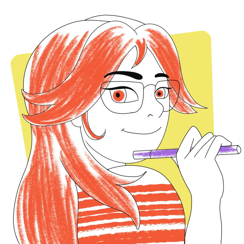Illustration de l'autrice en mode portrait. Elle tient dans sa main droite un feutre à alcool violet, dont une extrémité et posée sur son menton.